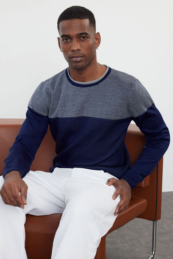 Trendyol Trendyol Navy Blue Slim Crewneck Textured Knitwear Sweatshirt