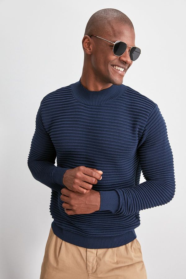 Trendyol Trendyol Navy Blue Slim Half Turtleneck Textured Knitwear Sweater