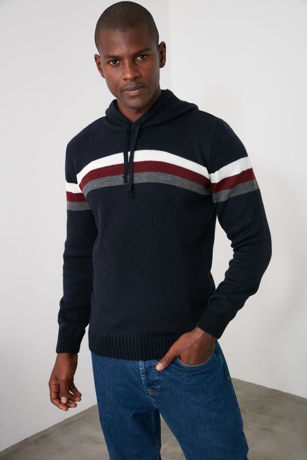Trendyol Trendyol Navy Blue Slim Hooded Striped Knitwear Sweatshirt