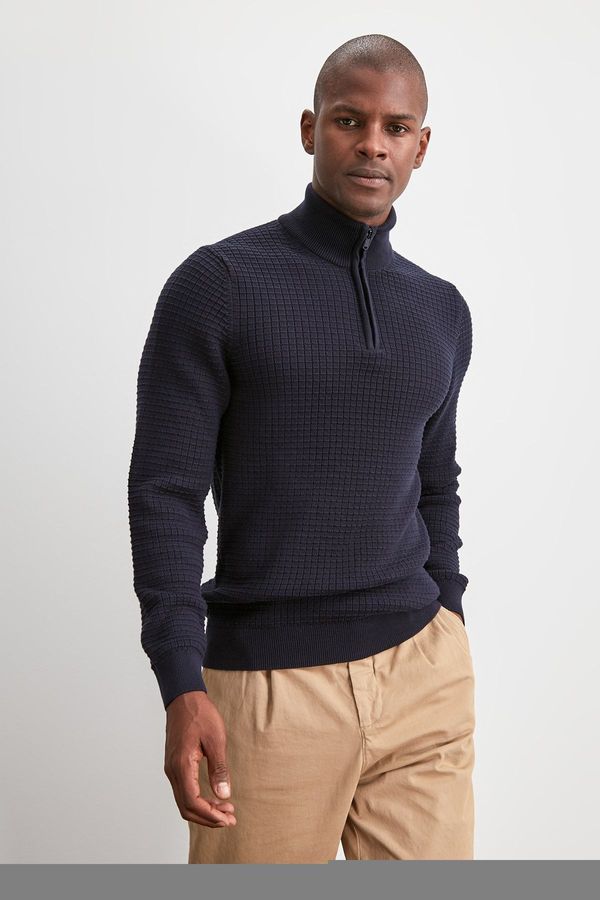 Trendyol Trendyol Navy Blue Slim Slim Fit Half Turtleneck Textured Knitwear Sweater