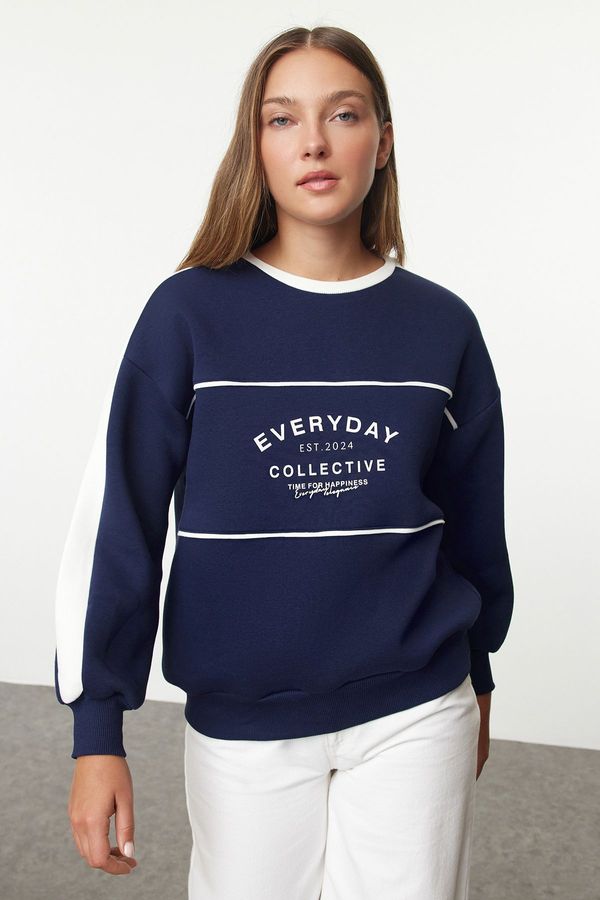 Trendyol Trendyol Navy Blue Slogan Printed Oversize/Wide Pattern Thick Inside Polar Fleece Knitted Sweatshirt