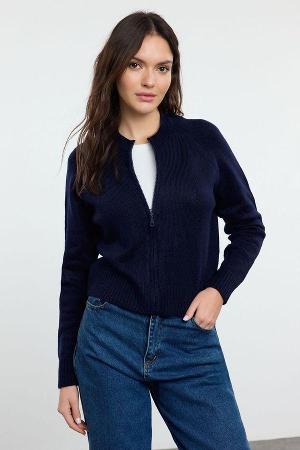 Trendyol Trendyol Navy Blue Soft Texture Zippered Knitwear Cardigan