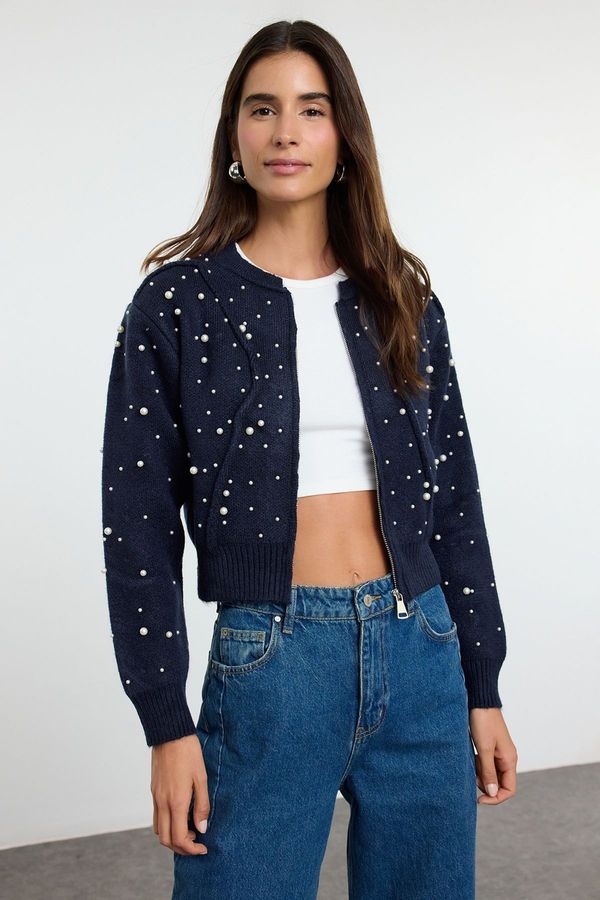 Trendyol Trendyol Navy Blue Soft Texture Zippered Stone Embroidered Coat Look Knitwear Cardigan