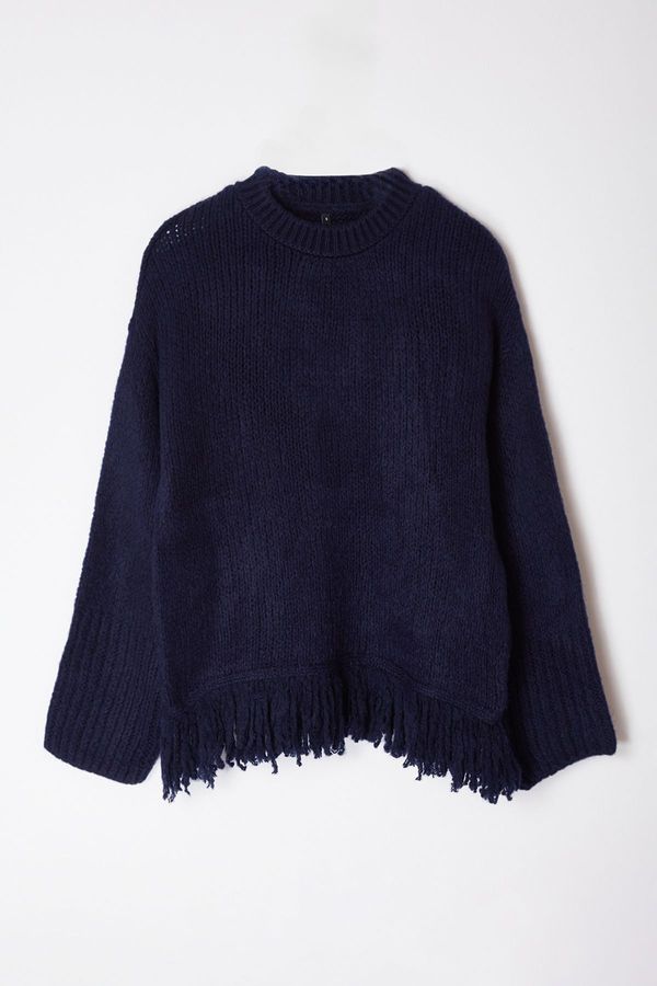 Trendyol Trendyol Navy Blue Soft Textured Tassel Detailed Knitwear Sweater