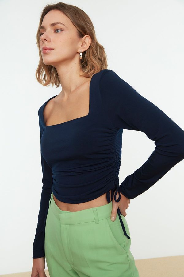 Trendyol Trendyol Navy Blue Square Collar Shirring Detail Fitted/Slippery Knitted Blouse with Crop