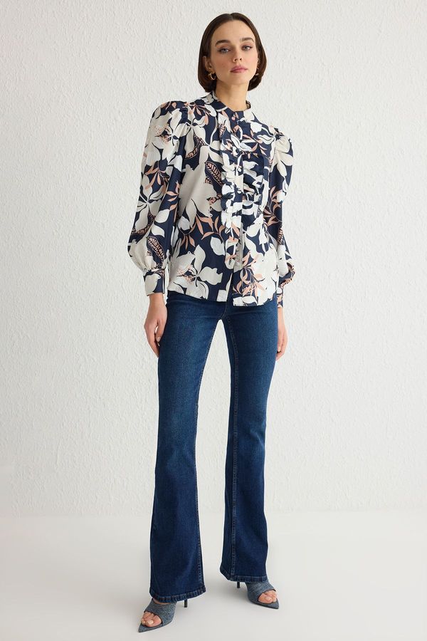 Trendyol Trendyol Navy Blue Stand Collar Ruffle Chiffon Floral Woven Shirt