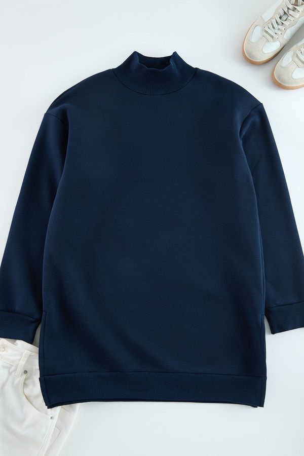 Trendyol Trendyol Navy Blue Stand Collar Slit Detailed Furry Oversize Knitted Sweatshirt