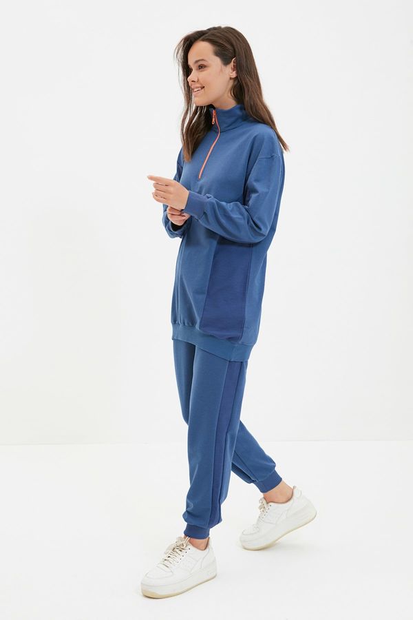 Trendyol Trendyol Navy Blue Stand-Up Collar Zippered With Color Block, Soft Pile Inside, Thick Knitted Tracksuit Set