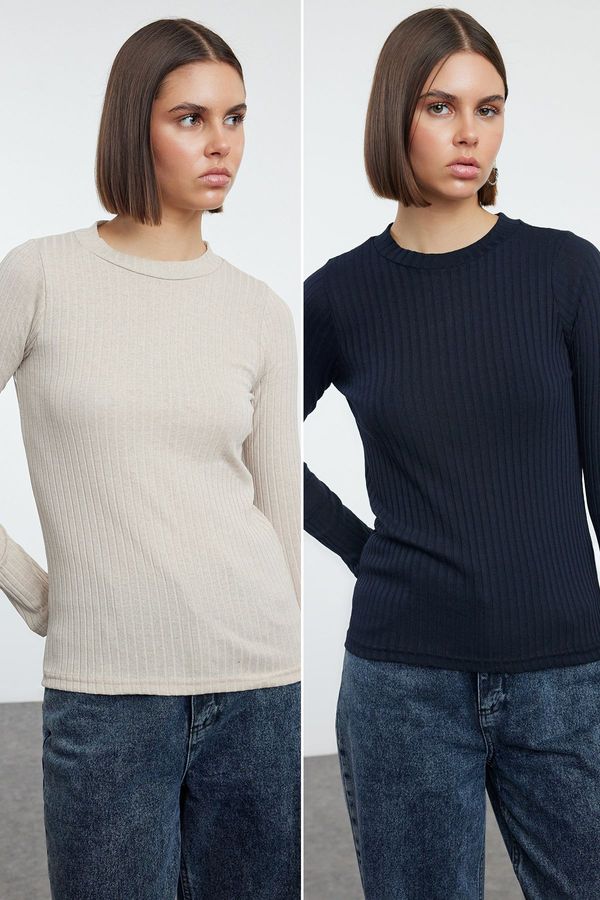 Trendyol Trendyol Navy Blue-Stone 2 Pack Crew Neck Regular/Normal Fit Knitted Blouse