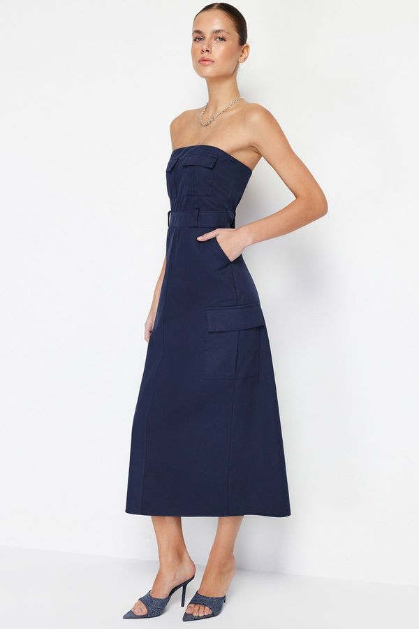 Trendyol Trendyol Navy Blue Straight Cut Midi Strapless Pocket Detailed Gabardine Woven Dress