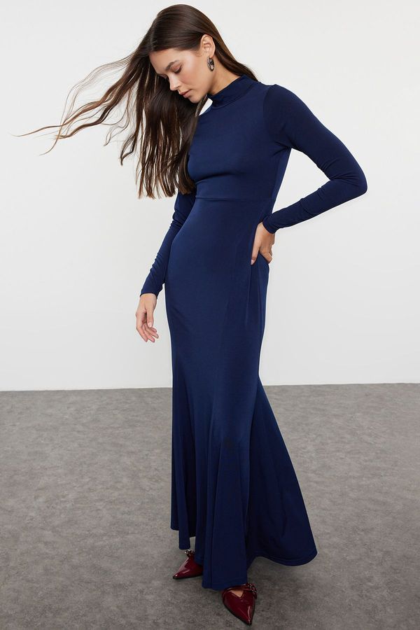 Trendyol Trendyol Navy Blue Straight Fitted Maxi High Collar Stretchy Knitted Dress