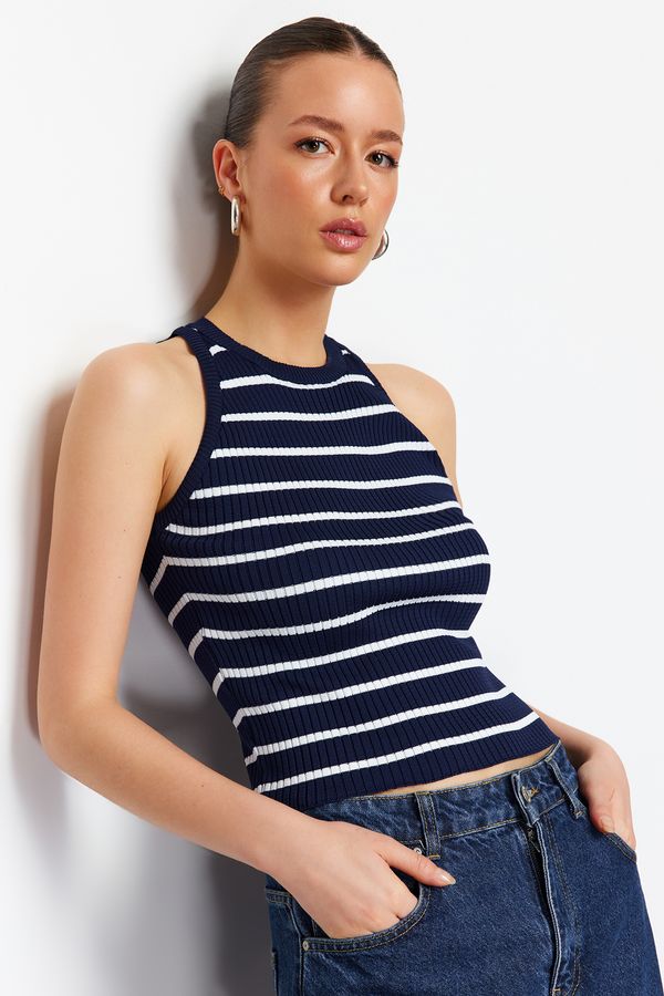 Trendyol Trendyol Navy Blue Striped Barbell Neck Knitwear Blouse