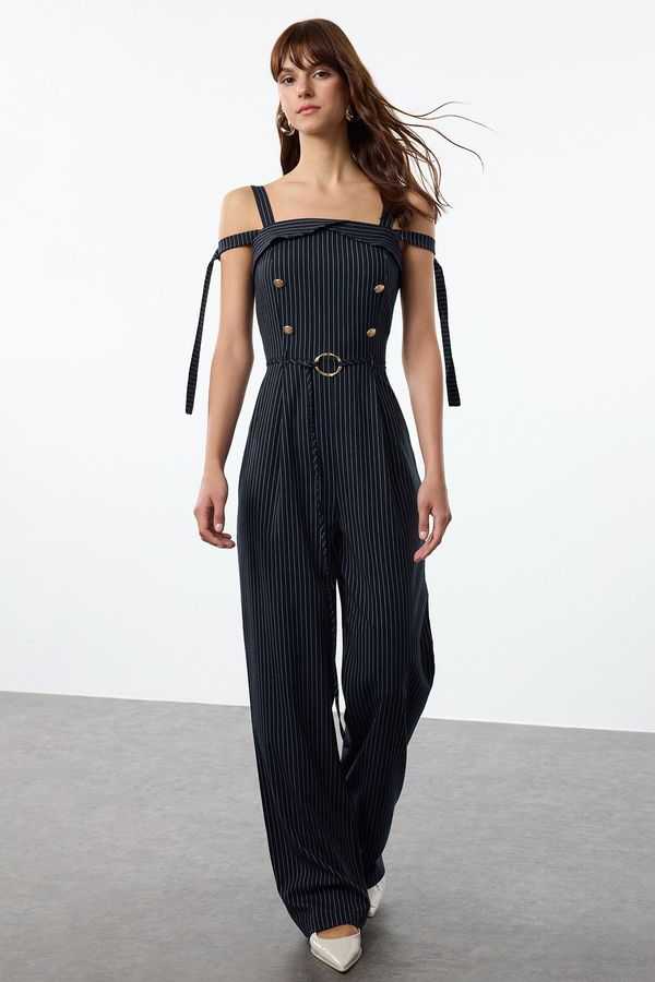 Trendyol Trendyol Navy Blue Striped Belted Long Jumpsuit with Adjustable Sleeves