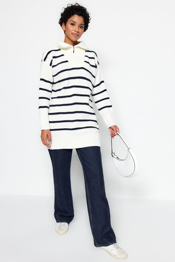 Trendyol Trendyol Navy Blue Striped Collar Zippered Knitwear Sweater