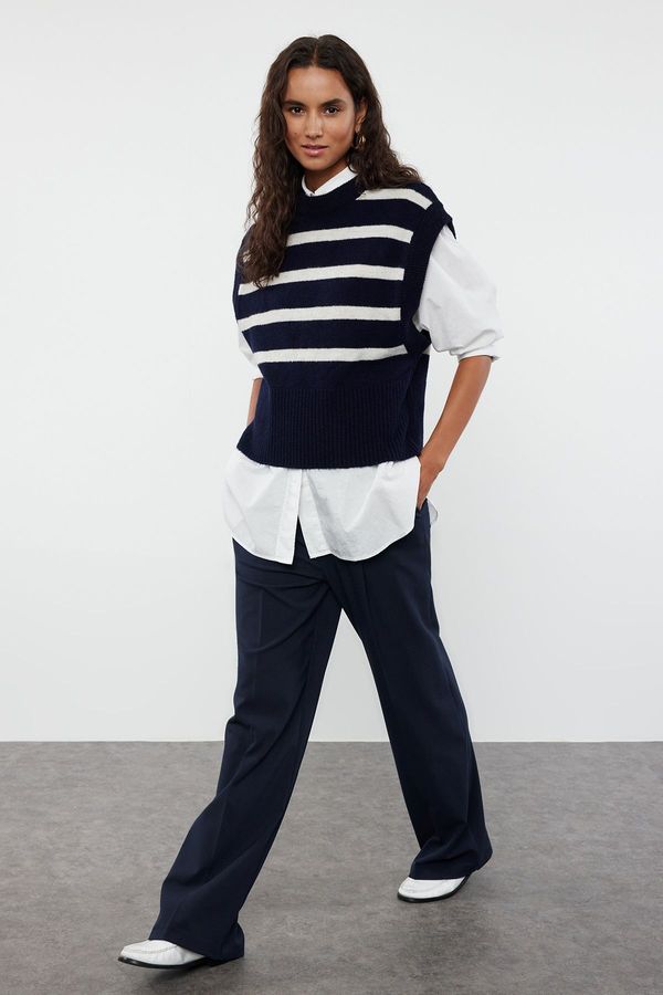 Trendyol Trendyol Navy Blue Striped Crew Neck Knitwear Sweater