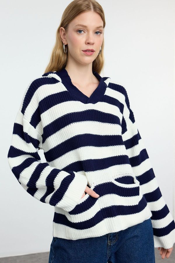 Trendyol Trendyol Navy Blue Striped Hooded Knitwear Sweater