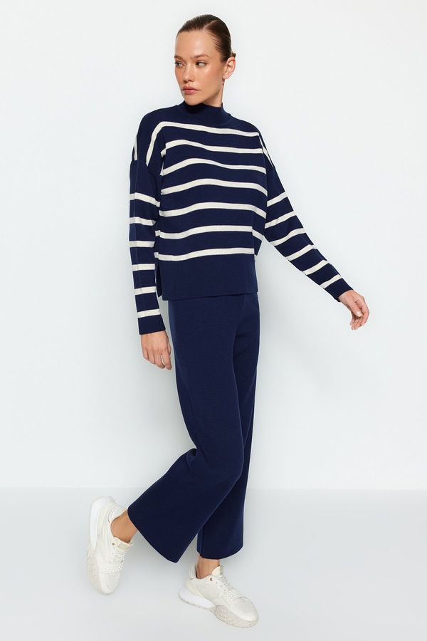 Trendyol Trendyol Navy Blue Striped Knitwear Trousers Bottom-Top Set