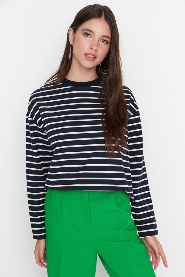 Trendyol Trendyol Navy Blue Striped Oversize/Wide Cut Crew Neck Thin Knitted Sweatshirt