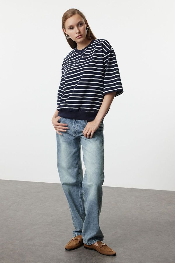 Trendyol Trendyol Navy Blue Striped Oversize/Wide Fit Thin Knitted Sweatshirt