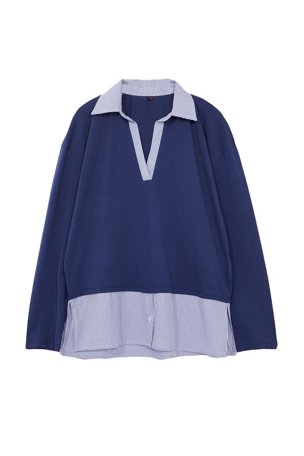 Trendyol Trendyol Navy Blue Striped Poplin Detailed Polo Neck Relaxed/Casual Cut Knitted Blouse