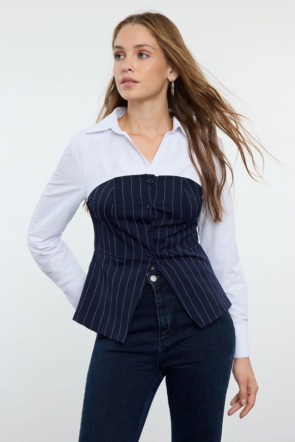 Trendyol Trendyol Navy Blue Striped Strapless Vest Detailed Woven Shirt