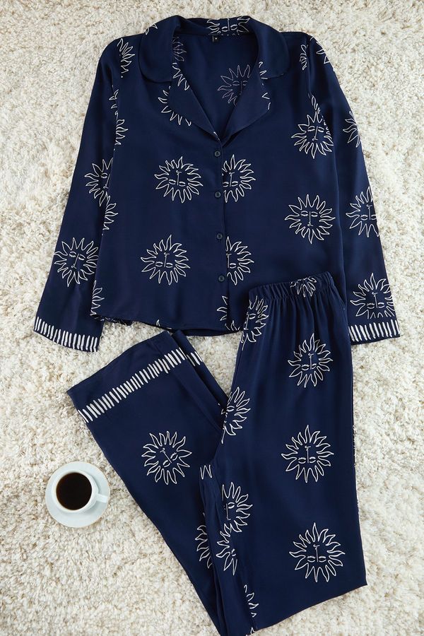 Trendyol Trendyol Navy Blue Sun Patterned Viscose Woven Pajama Set