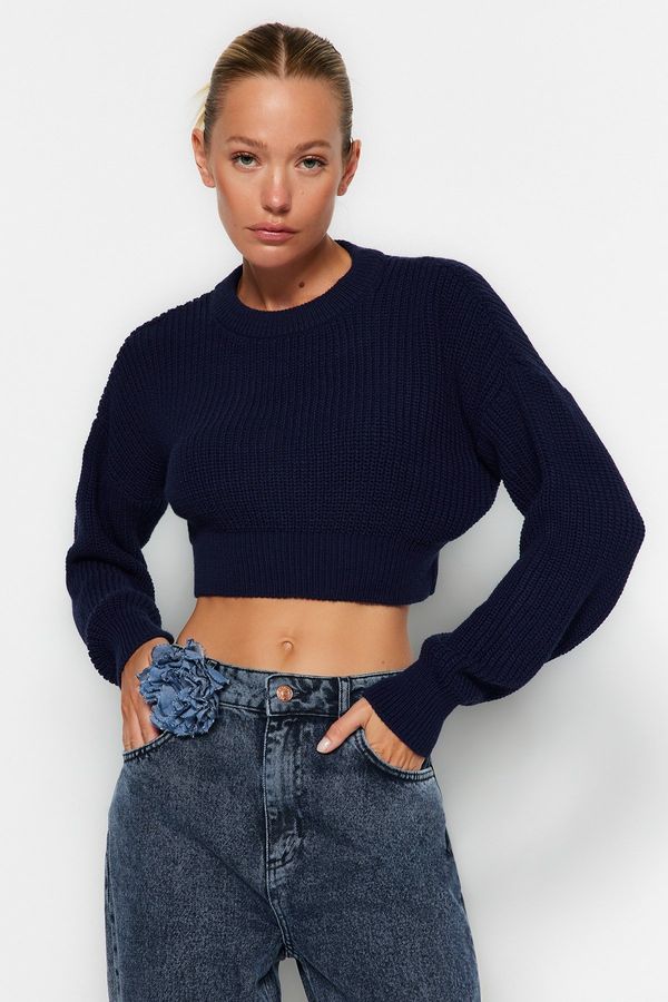 Trendyol Trendyol Navy Blue Super Crop Crew Pulover za pletenine vratu