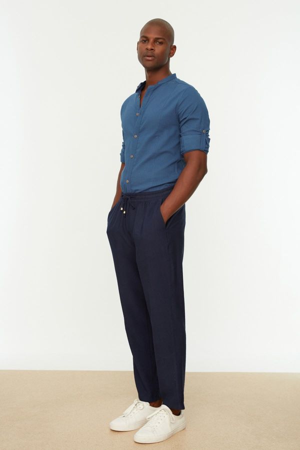 Trendyol Trendyol Navy Blue Tapered Elastic Waist Linen Look Trousers