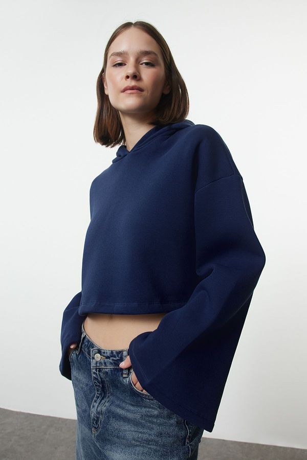 Trendyol Trendyol Navy Blue Thick Fleece Inside Relaxed Cut Crop Spanish Sleeve Hooded Knitted Sweatshirt