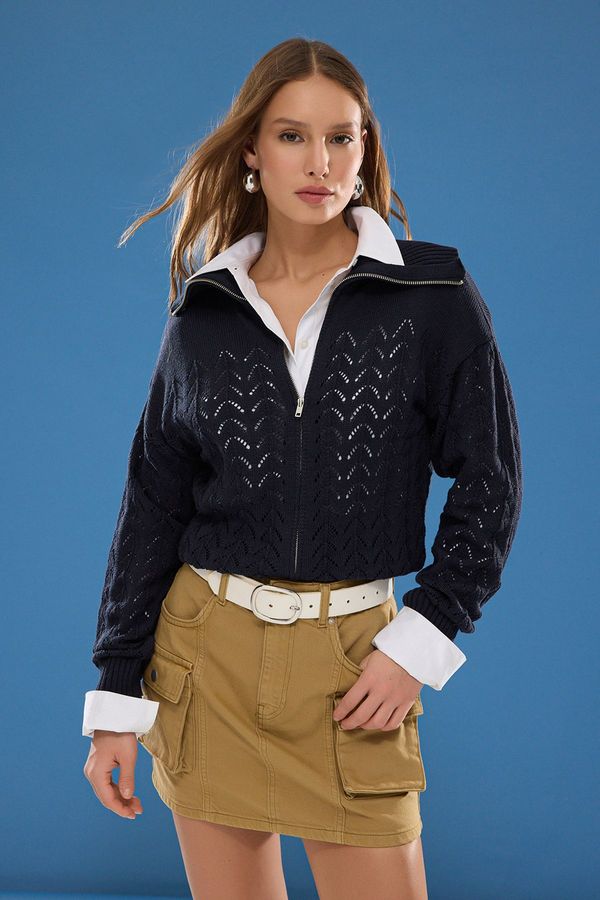 Trendyol Trendyol Navy Blue Turn-down Collar Openwork Knitwear Cardigan