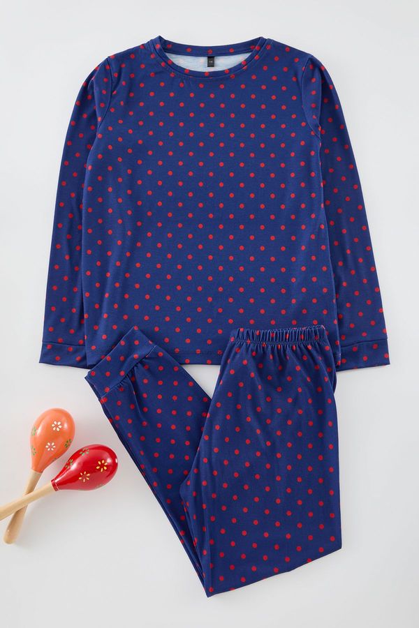 Trendyol Trendyol Navy Blue Unisex Polka Dot Pajama Set Knitted Top-Bottom Set