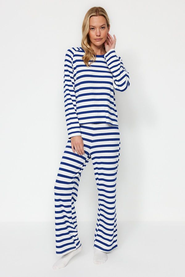 Trendyol Trendyol Navy Blue-White Striped Cotton Corduroy Tshirt-Pants Knitted Pajama Set