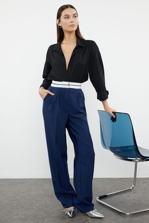 Trendyol Trendyol Navy Blue Wide Leg High Waist Belt Detailed Woven Trousers