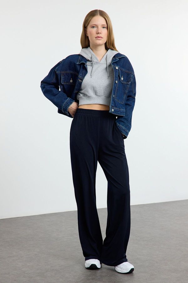 Trendyol Trendyol Navy Blue Wide Leg/Relaxed Cut High Waist Flexible Trousers