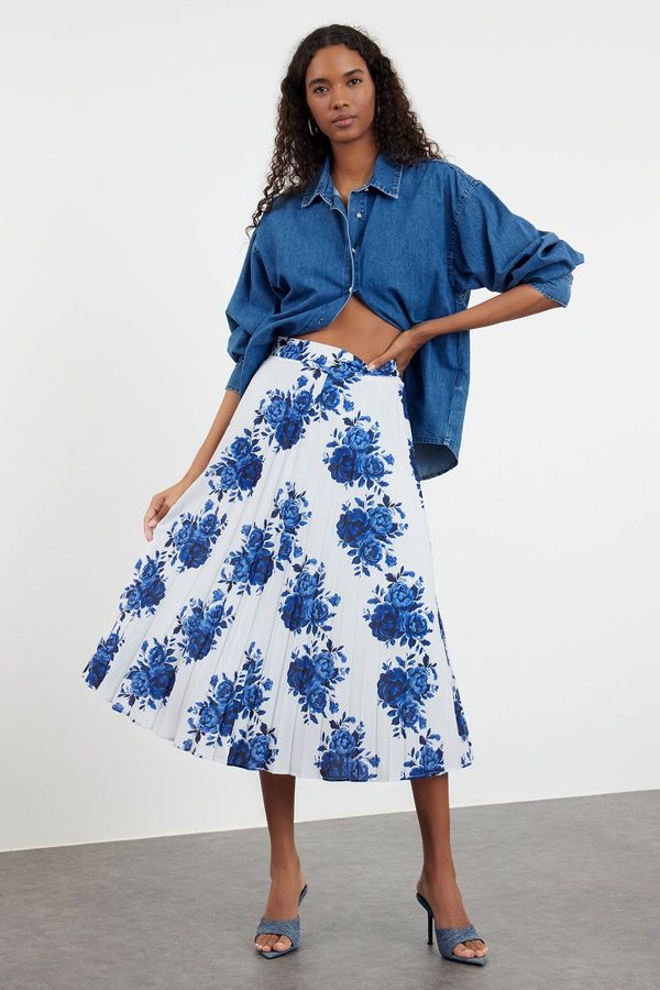 Trendyol Trendyol Navy Blue Woven Rose Pattern Pleated Skirt