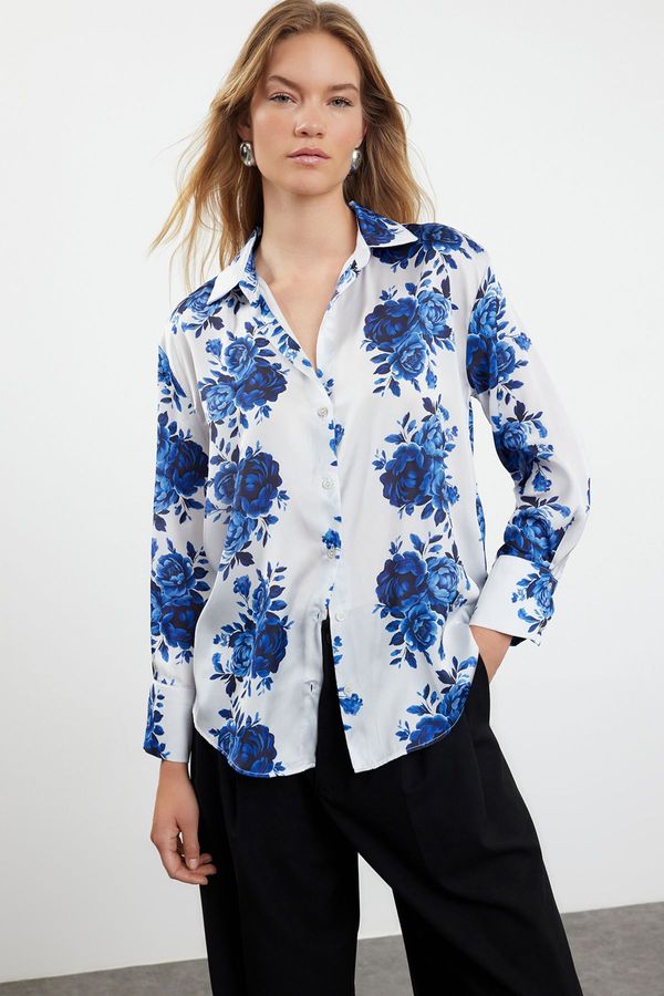 Trendyol Trendyol Navy Blue Woven Satin Rose Patterned Oversize Wide Fit Shirt