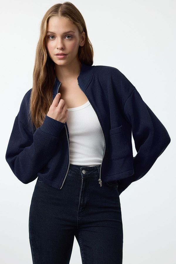 Trendyol Trendyol Navy Blue Zipper Collar Pocket Detailed Regular/Normal Fit Crop/Short Jacket