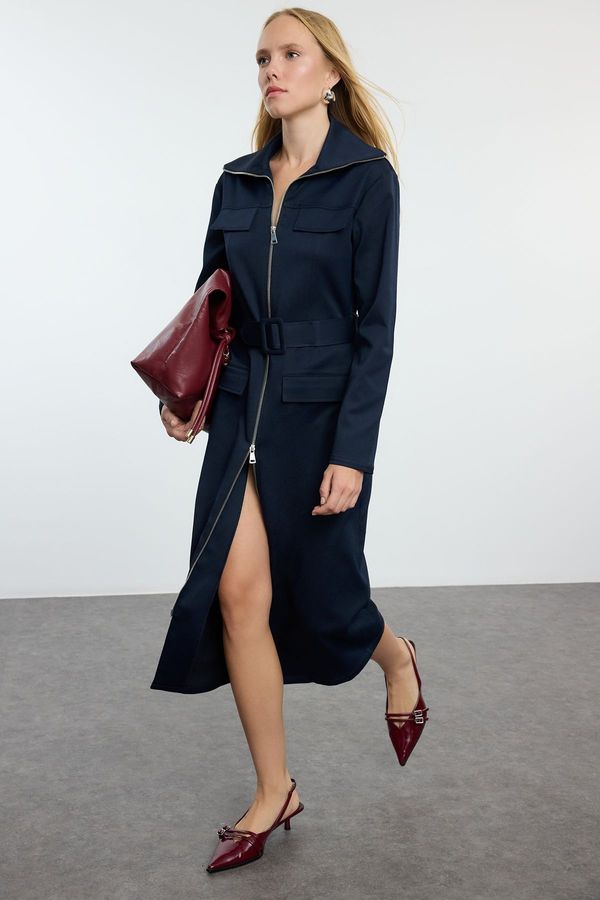 Trendyol Trendyol Navy Blue Zippered Pocket Detailed Gabardine Fabric Midi Woven Shirt Dress