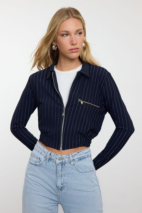 Trendyol Trendyol Navy Blue*001 Zipper Detailed Crop Regular Knit Jacket