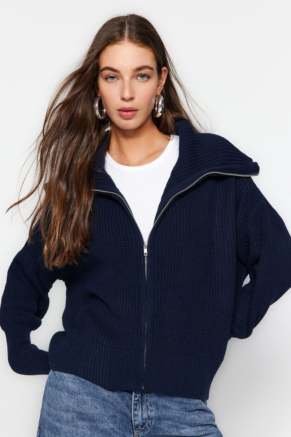 Trendyol Trendyol Navy Modra ovratnica z zadrgo, pletenine Cardigan