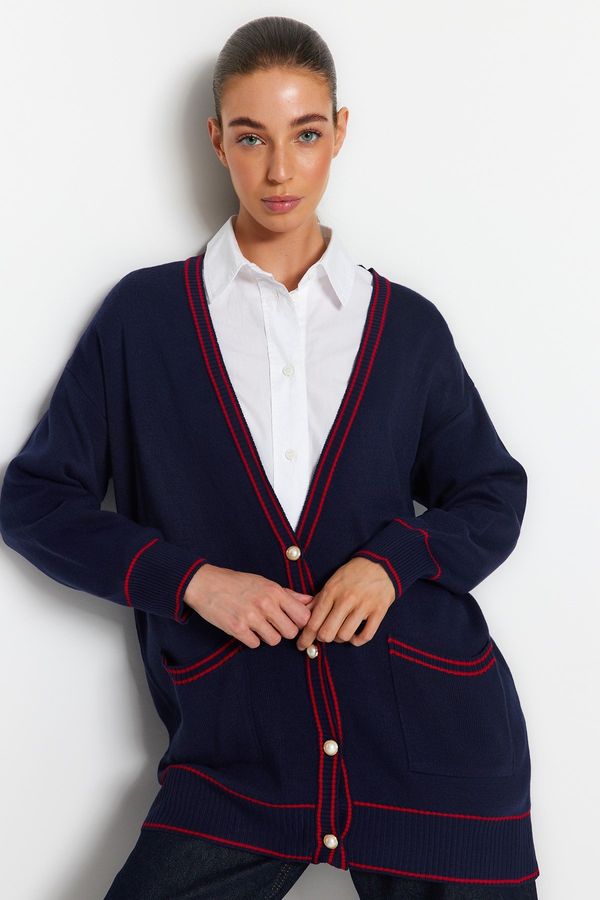 Trendyol Trendyol Navy Modra pletenina Cardigan z bisernimi gumbi in Welt