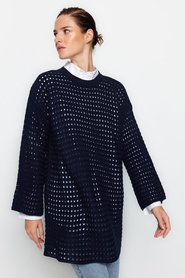 Trendyol Trendyol Navy modro sproščeno prileganje Openwork/Holes Tricot pleteni pulover