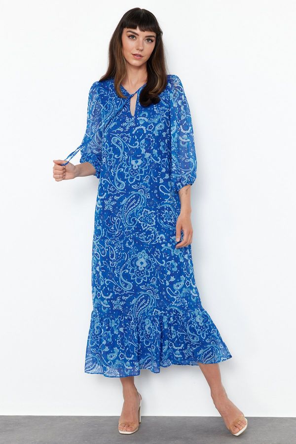 Trendyol Trendyol Navy Patterned Straight Cut Maxi Lined Chiffon Woven Dress