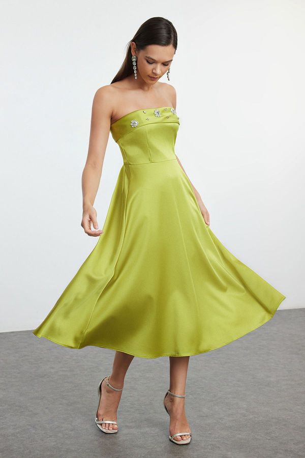 Trendyol Trendyol Oil Green A-Cut Collar Stone Accessory Detailed Satin Elegant Evening Dress