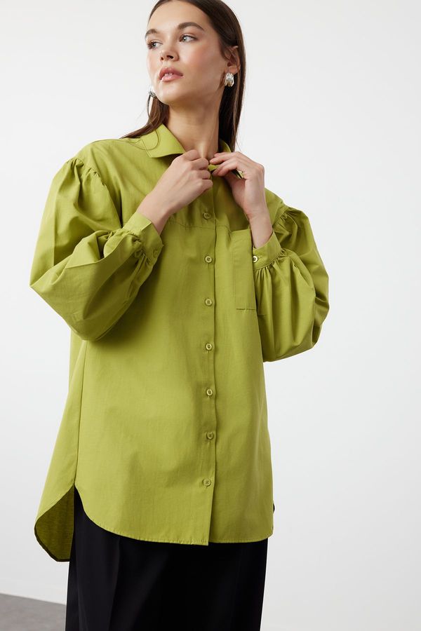Trendyol Trendyol Oil Green Balloon Sleeve Back Long Pocket Detailed Basic Woven Shirt