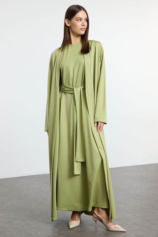 Trendyol Trendyol Oil Green Belt Detailed Knitted Cardigan Dress Set