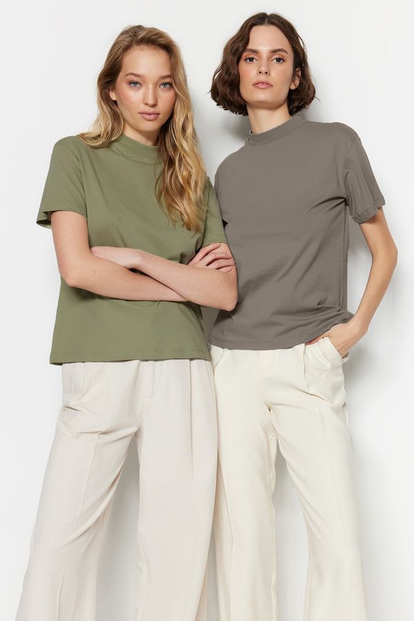 Trendyol Trendyol Oil Green-Grey 2 Pack 100% Cotton Basic Stand Collar Knitted T-Shirt