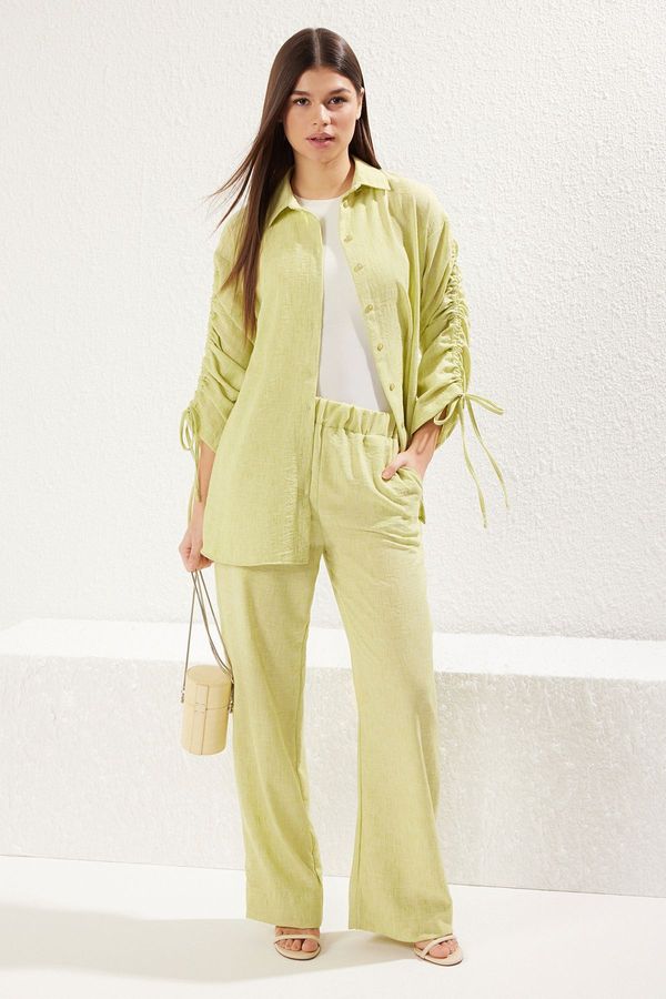 Trendyol Trendyol Oil Green Linen Look with Gathered Detail Woven Bottom-Top Set