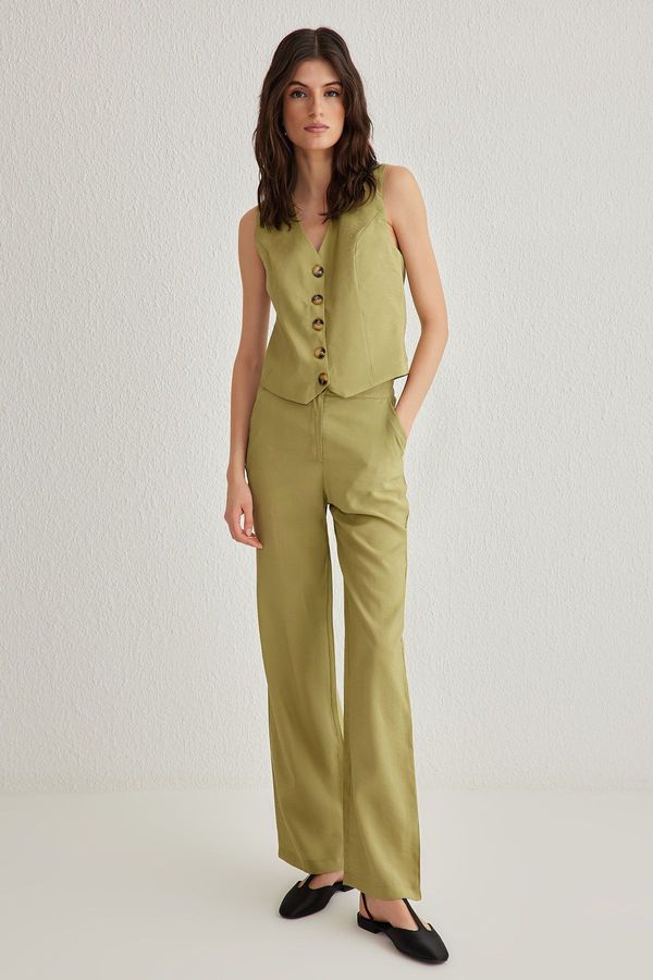 Trendyol Trendyol Oil Green Modal Soft Touch Regular Vest Wide Leg Trousers Woven Bottom-Top Set