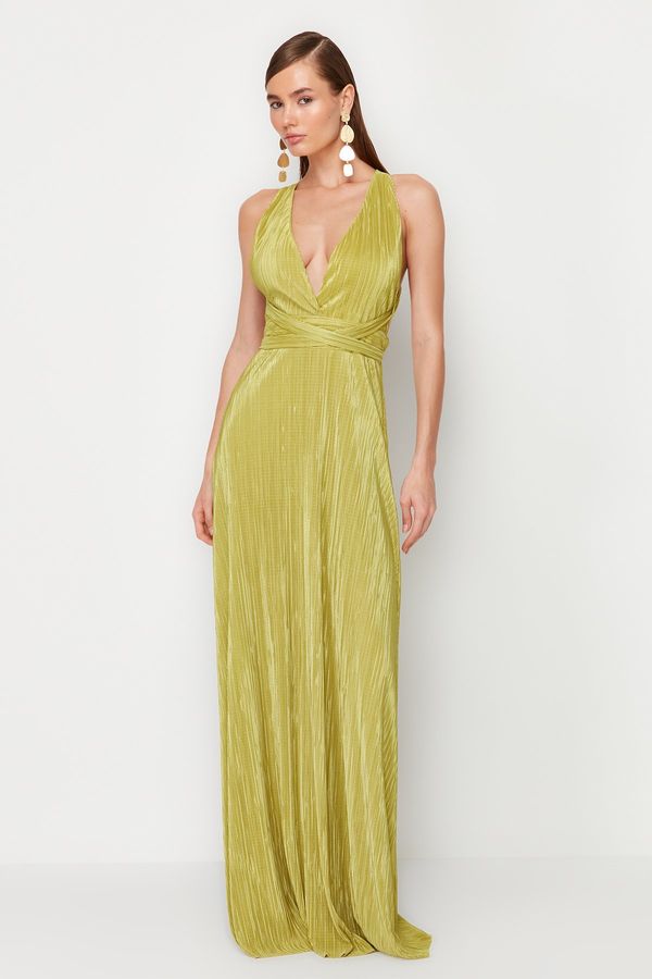 Trendyol Trendyol Oil Green Pleated Sash Detailed Knitted Long Evening Dress